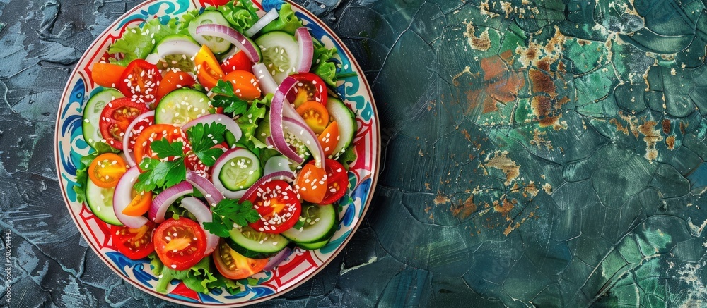 Poster plate of vegetable salad with cheese pepper zucchini tomatoes onions lettuce and lavash bits topped 
