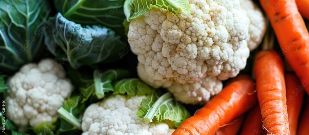 Poster nutritious organic vegetables featuring cauliflower and carrots perfect for backgrounds and health r