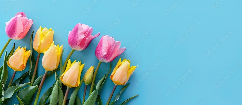 Poster spring banner featuring a floral frame of yellow and pink tulips against a blue backdrop with copy s
