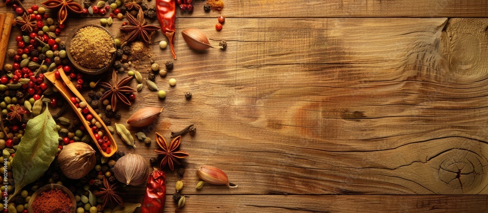 Poster Indian spices arranged attractively on a wooden surface with copy space image