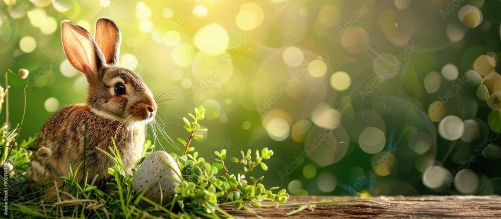 Aufkleber A festive Easter themed image with rabbit ornaments eggs and rustic elements on a brown wooden table in a home office featuring a green backdrop for copy space image
