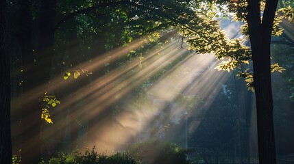 Obraz premium Sunbeams Through the Trees: A Morning in the Forest
