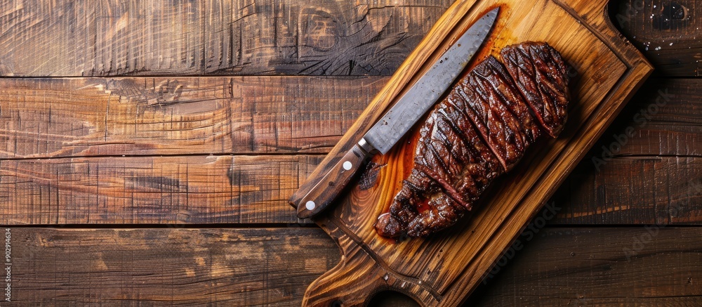 Poster A Picanha steak on a wooden board with a butcher knife placed on a wooden background in a top view angle with ample copy space image