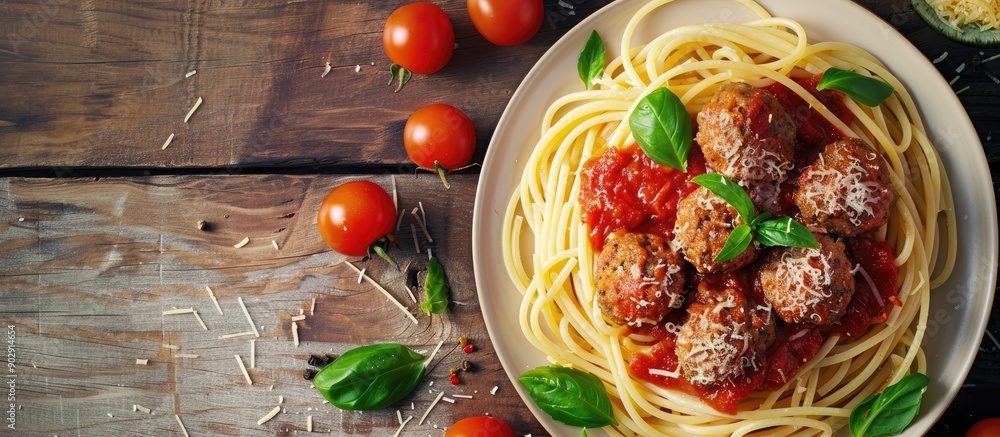 Aufkleber a healthy meal of pasta with meatballs and tomato sauce on a plate seen from the top on a rustic bac