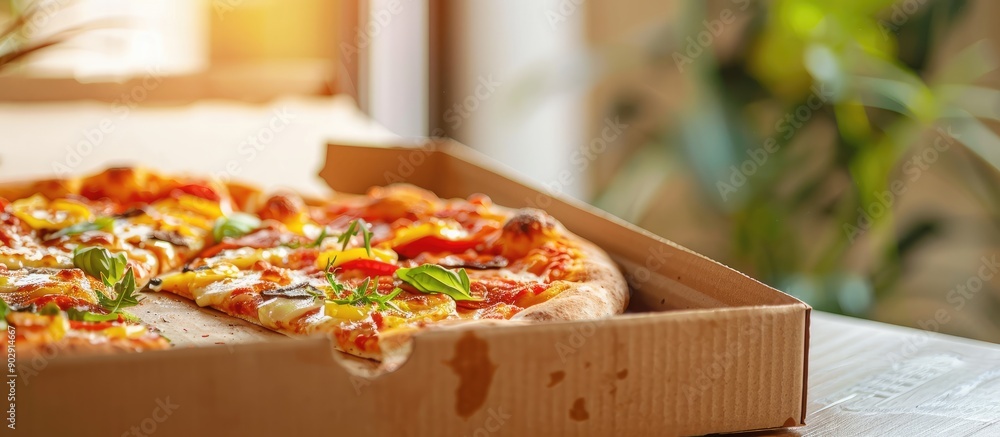 Poster A pizza box with a pizza inside on a table with copy space image
