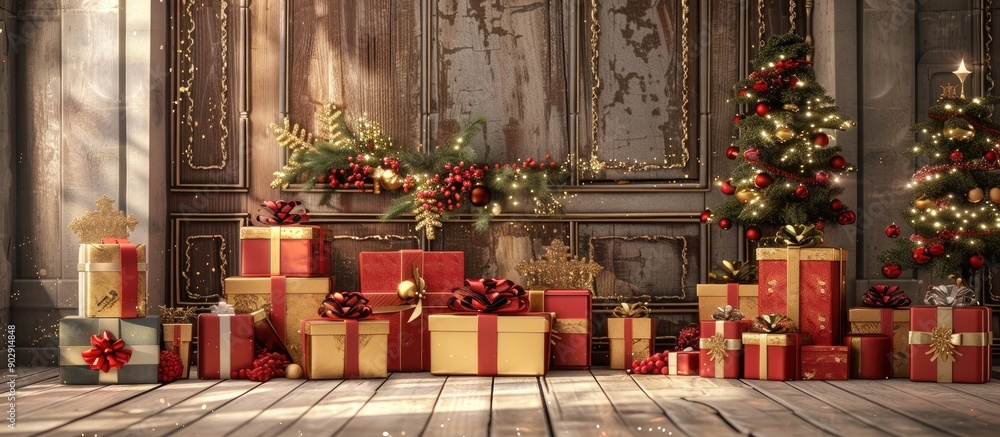 Poster festive backdrop featuring a variety of gift boxes in front of a decorative holiday setting with amp