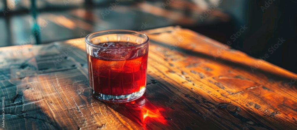 Poster on a walnut table place a tumbler filled with red drink alongside a copy space image