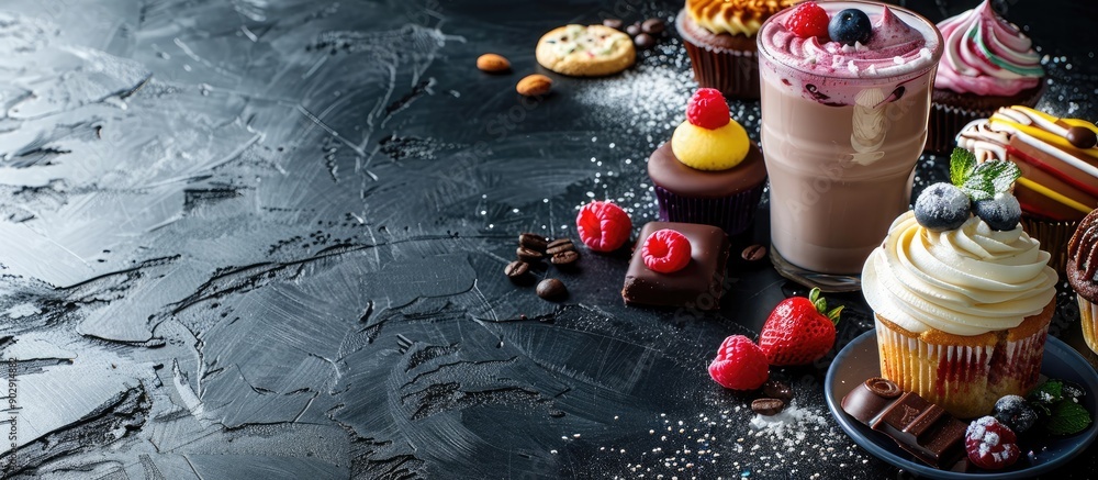 Aufkleber trendy korean whipped coffee with colorful drinks cakes berries chocolates and cookies on a dark tex