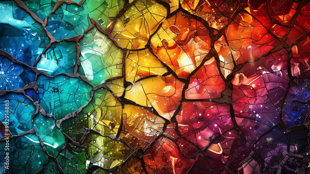 Fototapete Intricate abstract pattern formed by a vibrant and textured background with a cracked and weathered surface