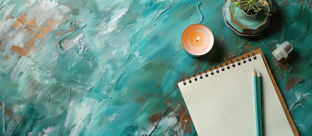 Poster top down view on a turquoise textured background with blank notepaper wax pencils and a candle offer