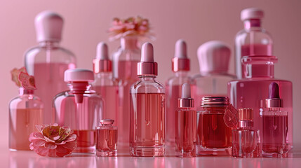 A stylish arrangement of pink cosmetic bottles with dropper tops and flowers, set against a matching pink background.
