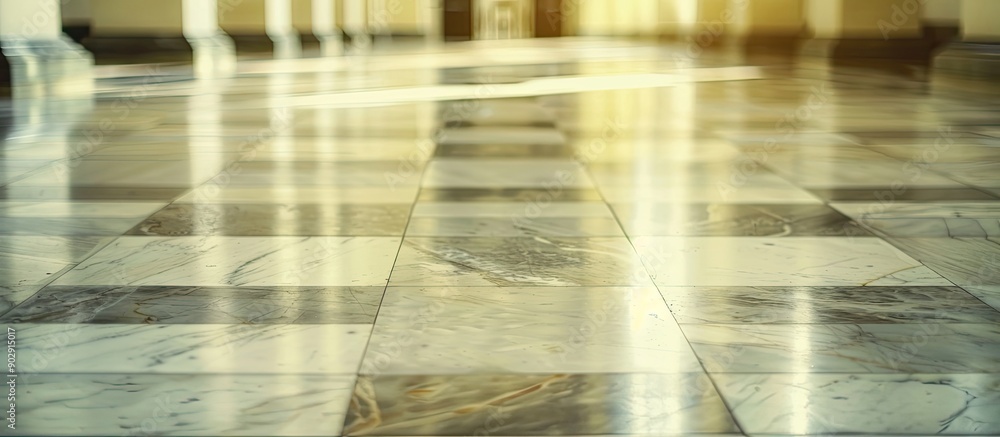 Poster Shallow depth of field enhances a marble tiles texture creating a perspective background in the copy space image