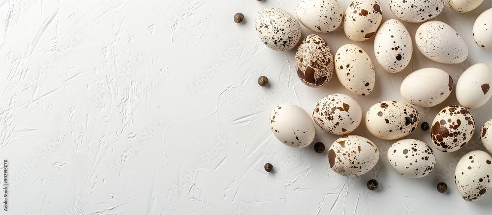 Poster top view of uncooked quail eggs on a white background for a protein rich diet highlighting healthy f