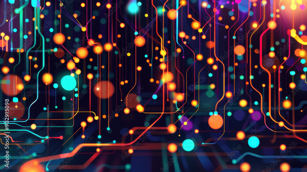 Poster colorful abstract digital circuit background with glowing nodes and lines, representing technology, 