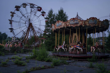 Abandoned Ferris Wheel and Carousel in Overgrown Park