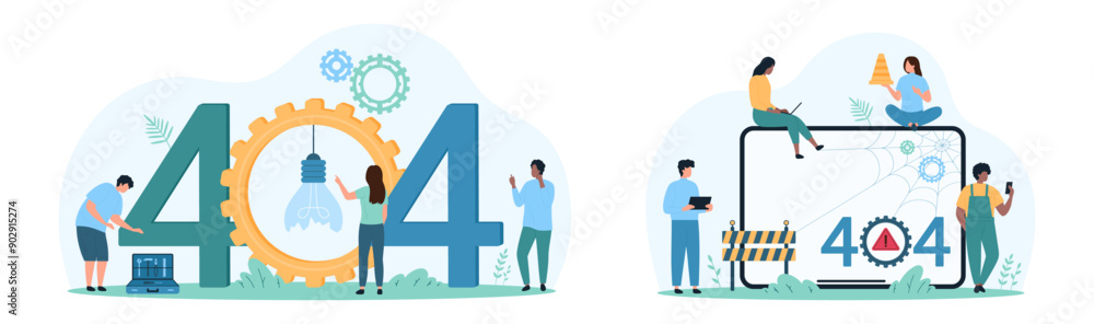 Aufkleber 404 error, page not found set. tiny people work with warning web server message on tablet screen, su