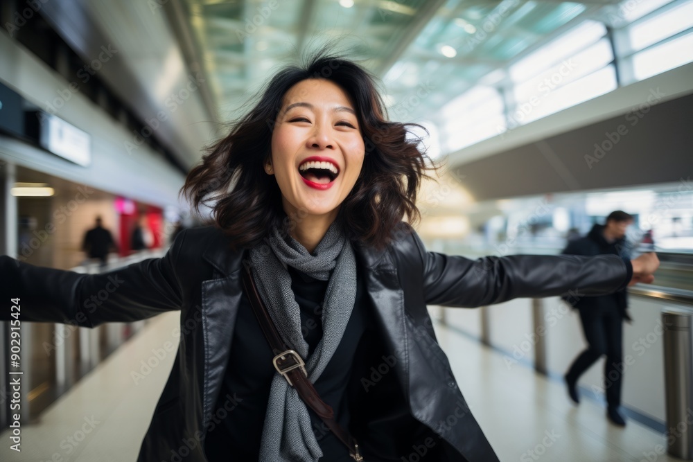 Poster portrait of a joyful asian woman in her 40s wearing a professional suit jacket in front of bustling 