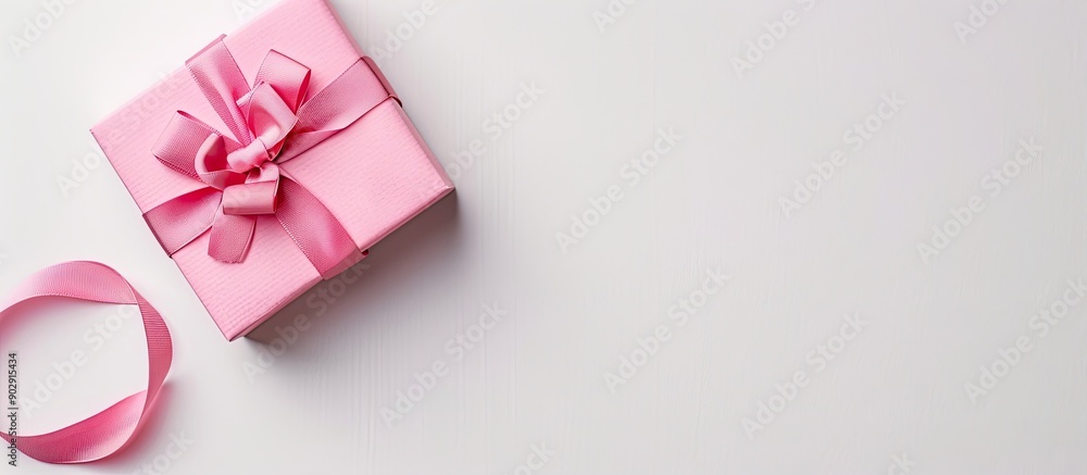 Poster a pink gift box displayed from above on a blank white backdrop with ample copy space image