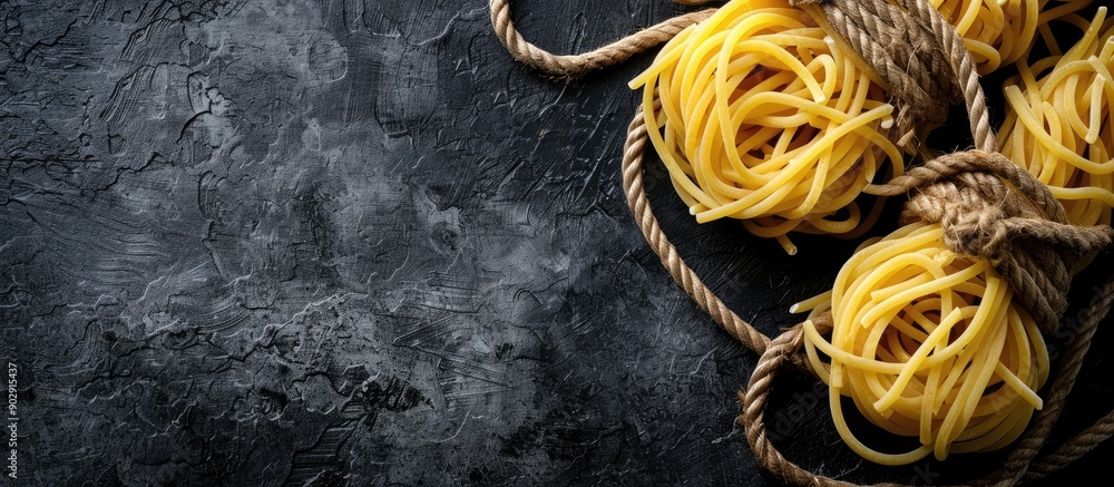 Poster Spaghetti pasta creatively arranged with rope on a textured black backdrop ideal for spaghetti packaging concepts highlighting copy space image