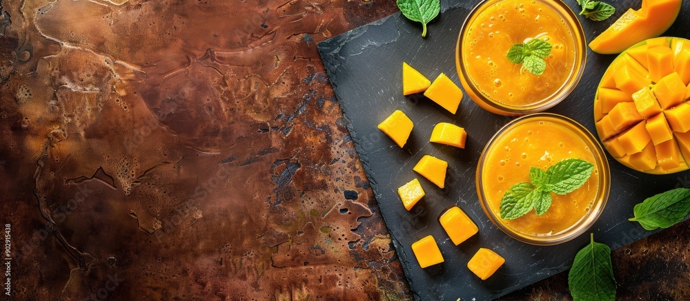 Aufkleber Top view of two mango smoothies with diced mango on a chopping board with copy space image