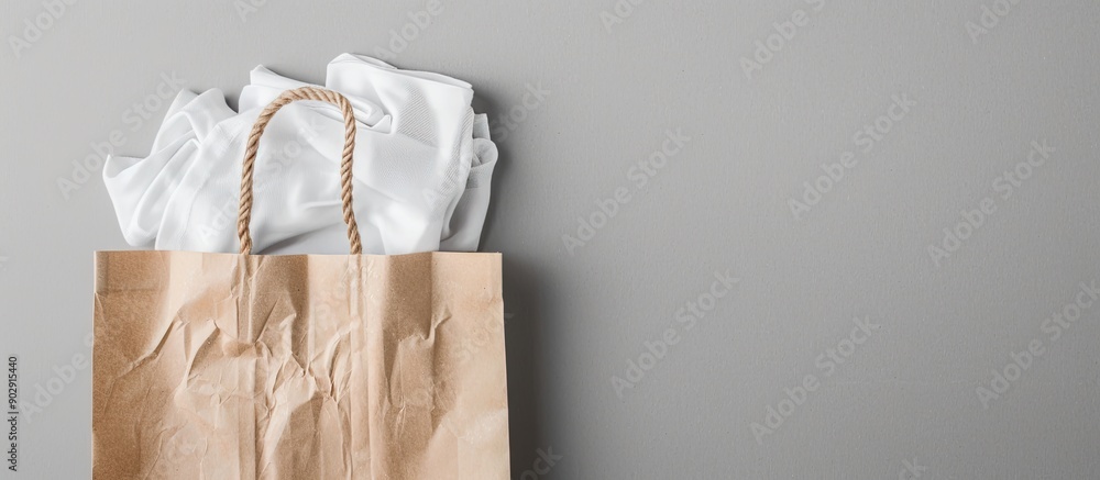 Aufkleber Flatlay of a paper bag containing clothes on a grey background with top view perspective ideal for shopping concepts showcasing copy space image