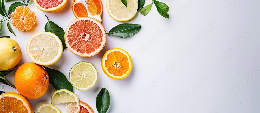 Aufkleber a variety of sliced citrus fruits and leaves arranged on a white table from an overhead perspective 