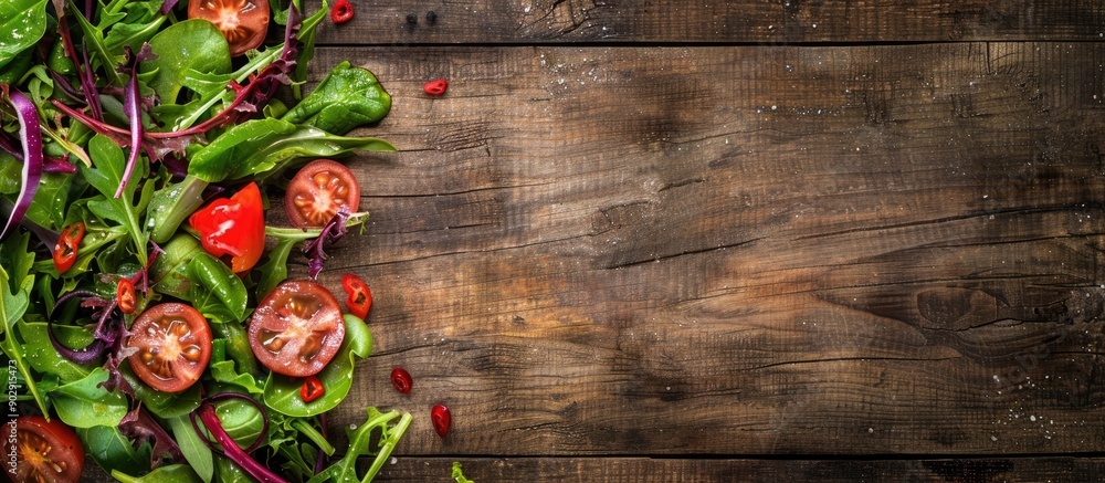 Poster a rustic wooden backdrop enhances a vibrant vegetable salad with empty space for text or other eleme