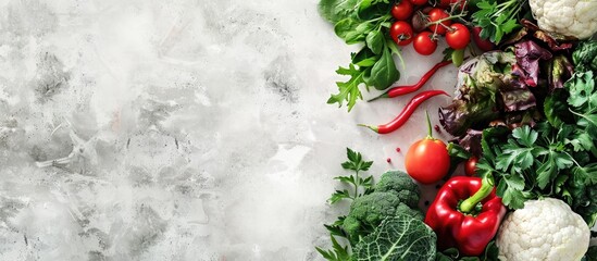 Top view of organic vegetables and greenery arranged aesthetically on a natural backdrop with a wide banner for a copy space image
