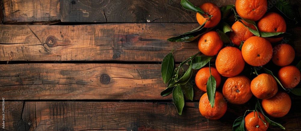 Aufkleber Top view of ripe mandarins on a wooden surface with a clear area for additional content ideal for a copy space image