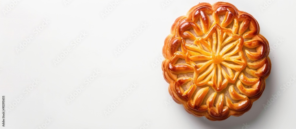 Poster Top view of a traditional moon cake on a white background a round pastry common in Vietnamese and Chinese mid autumn festivals with a clipping path for copy space image