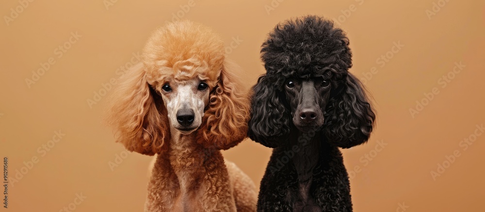 Poster Two delightful poodles stand side by side in front of a brown background with copy space image