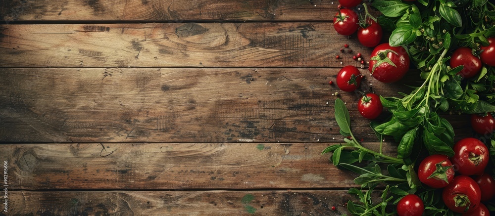 Poster Fresh vegetables arranged on a rustic wooden surface with space for text overlay in the image. Creative banner. Copyspace image