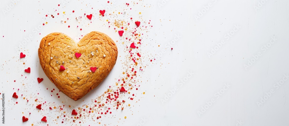 Poster valentine s day celebration with a heart shaped cookie on a white background in a copy space image