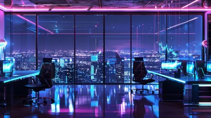 Control room with specialists and managers in the background. Industrial design in the field of high technology and electronics