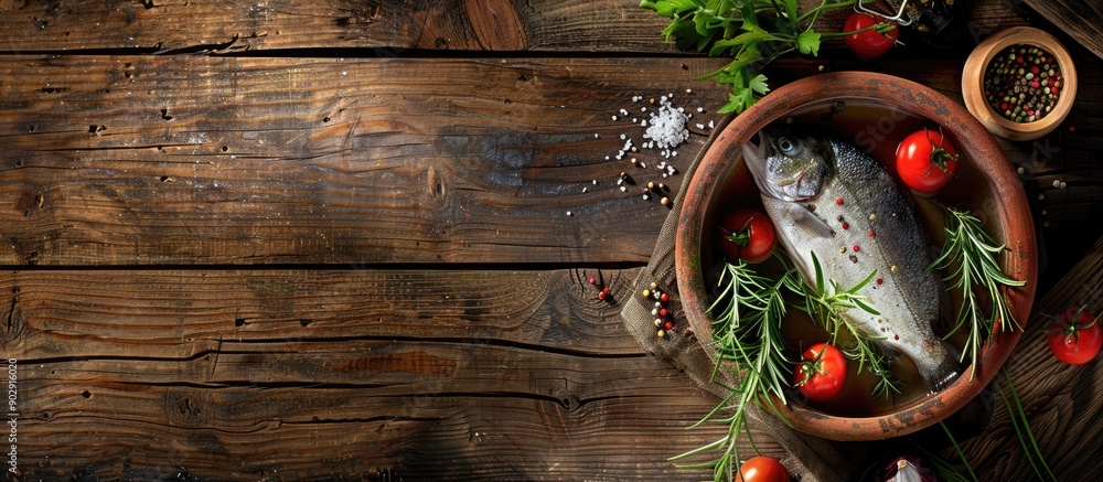 Poster Raw river fish with herbs veggies and spices on a rustic wooden backdrop in a clay pot creating a picturesque top view with room for text or other elements. Creative banner. Copyspace image