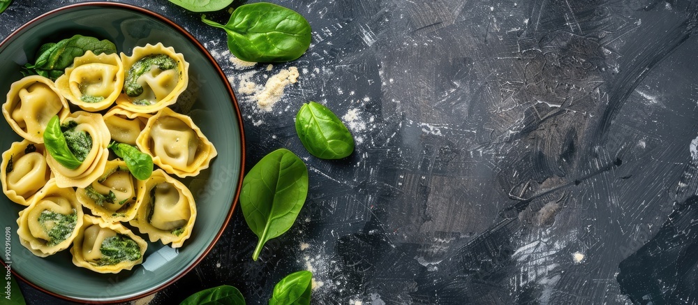 Poster top view of traditional italian tortelli pasta filled with spinach and cheese with copy space image 