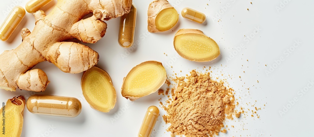 Poster Top view of a ginger powder capsule and sliced ginger root isolated on a white background with ample copy space image