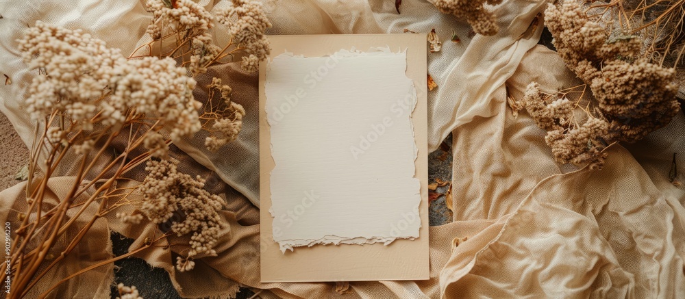 Poster vintage wedding invitations featuring dried flowers on a rustic textile background displayed from an