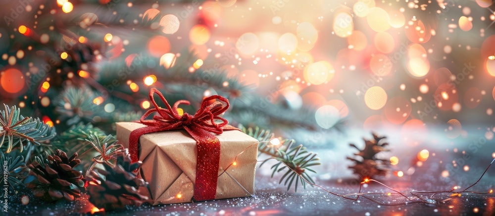 Poster festive holiday backdrop featuring christmas tree branches and a gift box against a bright backgroun