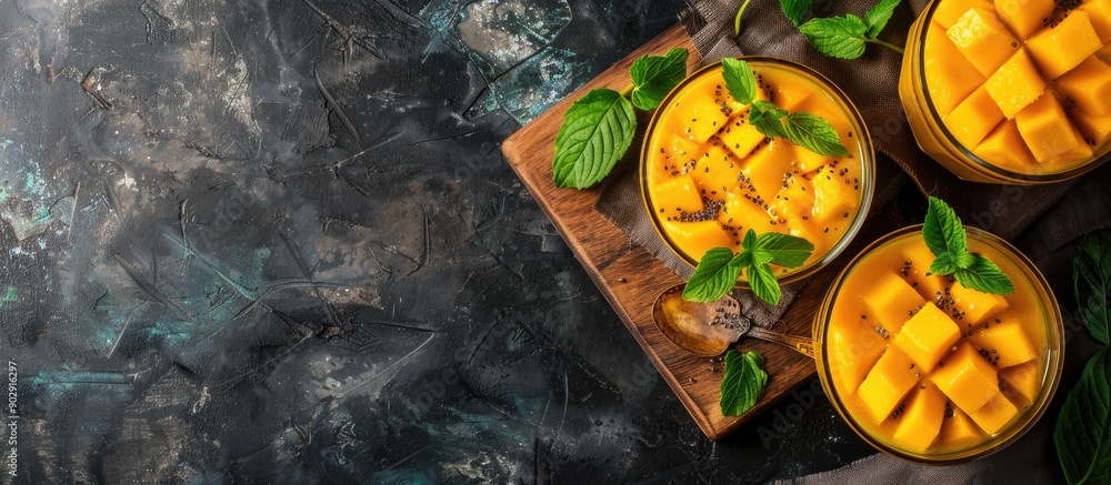 Aufkleber Top view of two mango smoothies with diced mango on a chopping board with copy space image