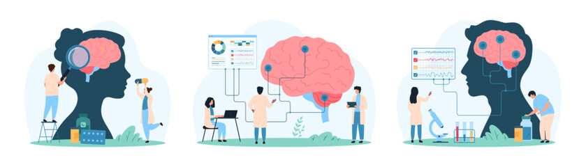 Human brain and nervous system, neurology diagnosis and treatment set. Tiny people research brain in human head with wires of electroencephalography, examine pain spot cartoon vector illustration
