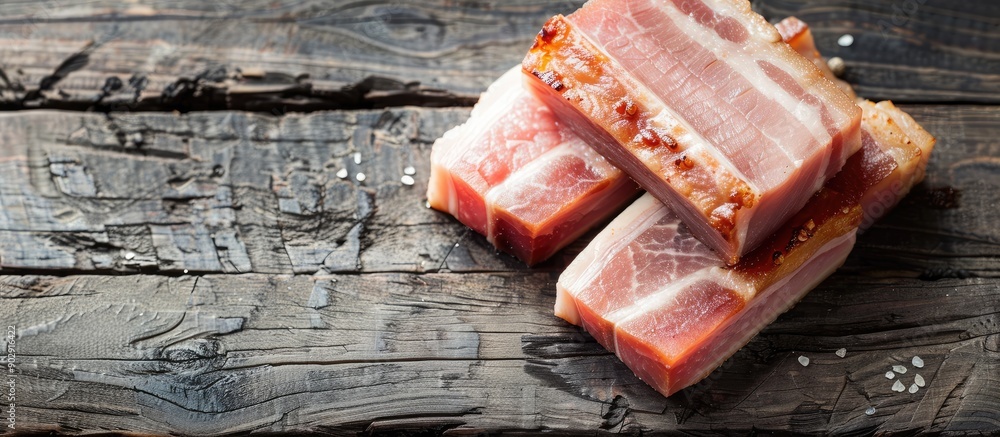 Poster uncooked pork belly slices on a wooden table for chinese new year dishes with space for text or imag