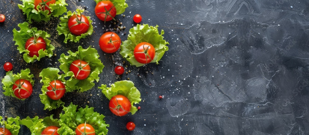 Aufkleber overhead view of fresh cherry tomatoes and lettuce symbolizing nutritional benefits with space for t