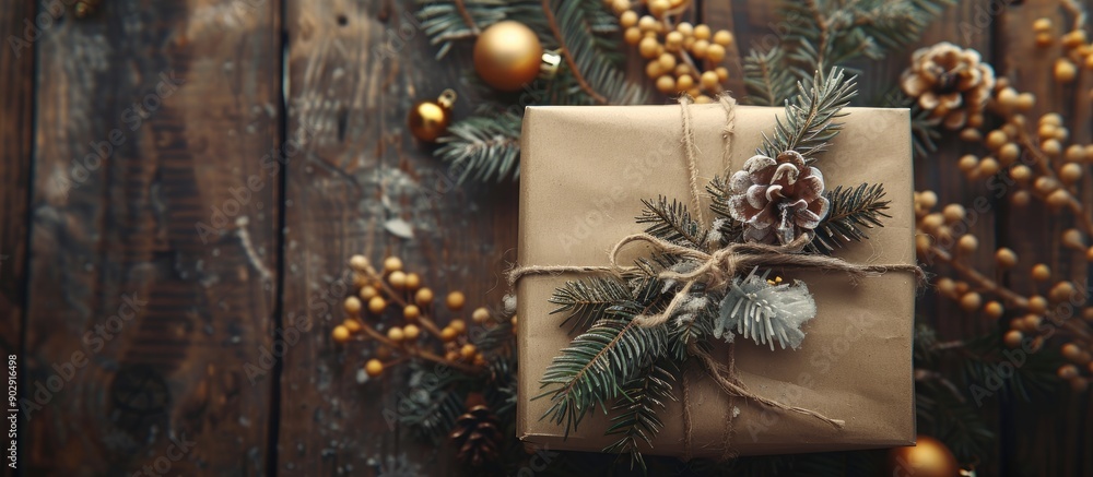 Poster gift box held in a top view perspective against a wooden background featuring decoration and a spaci
