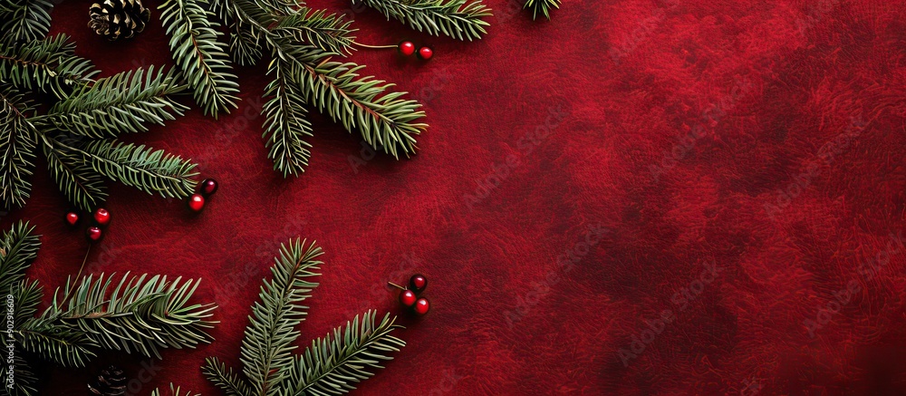 Poster Spruce tree branches on a red velvet background creating a festive Christmas decoration setting Top down view emphasizes the card concept with ample copy space image