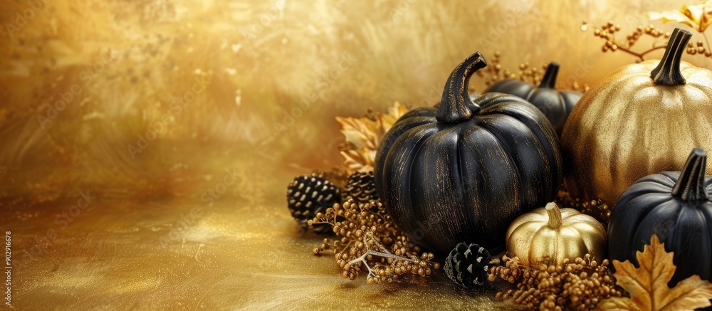 Poster elegant fall pumpkin arrangement in gold and black on a golden backdrop with ample copy space image