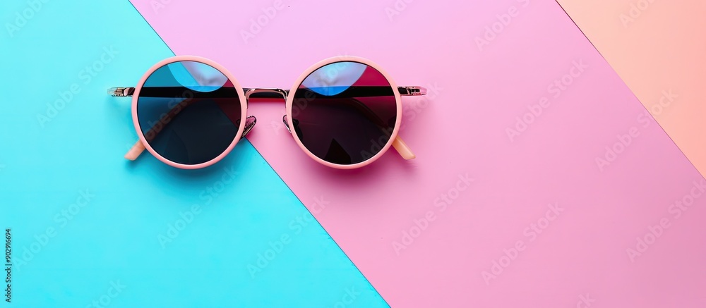Poster fashionable summer theme with trendy sunglasses displayed in a flat lay style on pastel backgrounds 