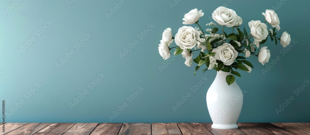 Poster Greet someone with a heartfelt message using this elegant greeting card featuring white roses in a vase on a wooden table against a blue wall with copy space image