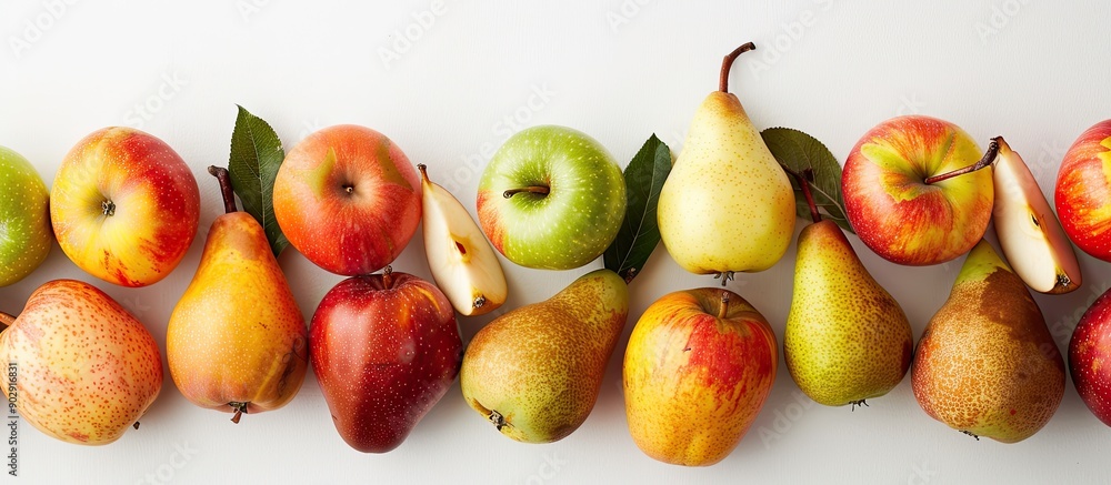 Poster fruit assortment featuring apples and pears arranged on a white backdrop with available copy space i