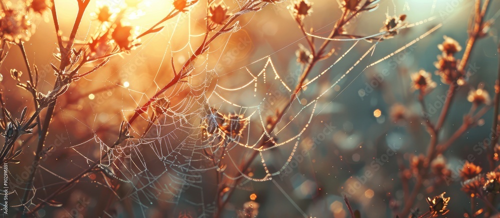 Poster vintage retro autumn abstract background featuring dry plants at sunrise with a spider web providing